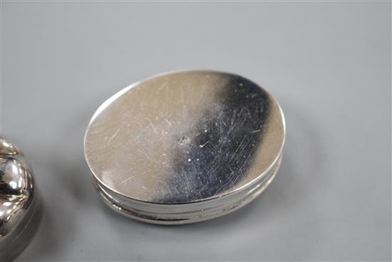 Three assorted modern silver pill boxes, including one modelled as a sweet and one engraved Viagra,